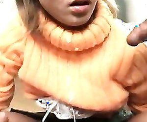 Japanese blonde mouth fucks small dick and flashes twat upskirt